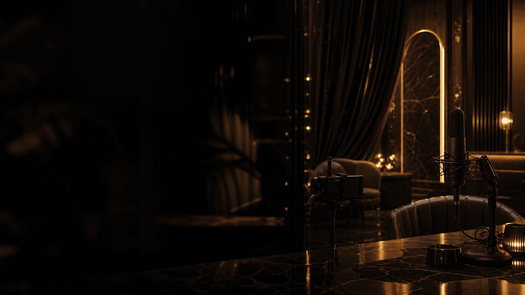 Premium dark live streaming studio with warm gold lighting